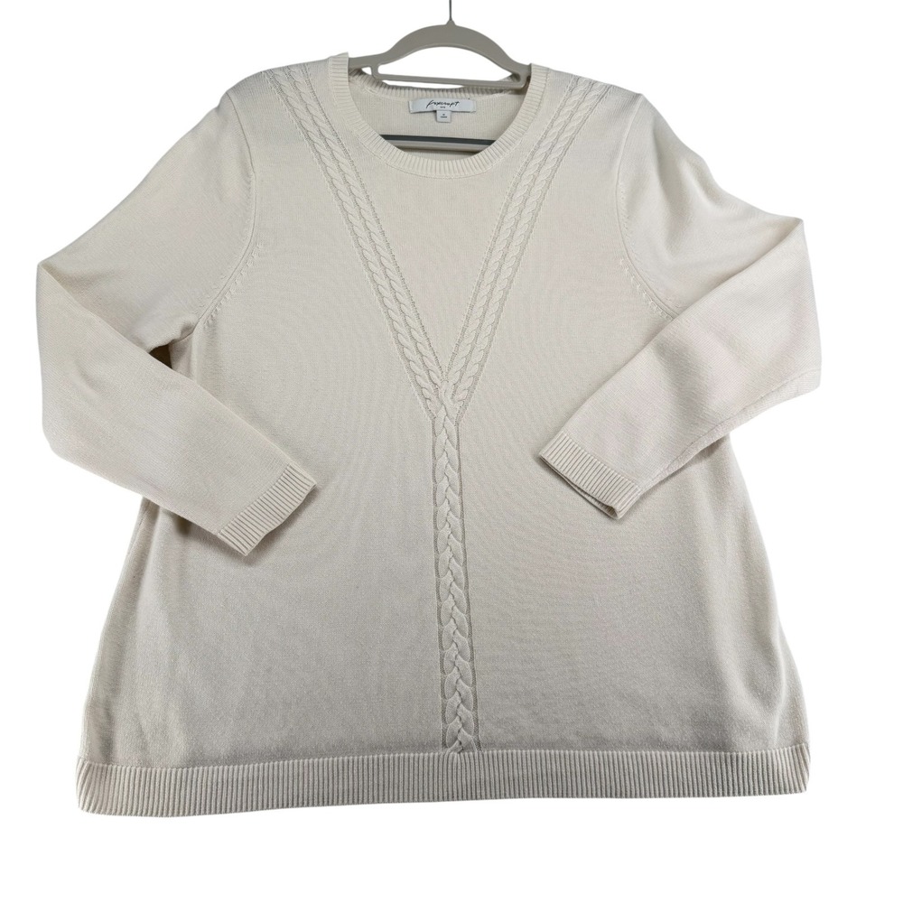 Foxcroft Cable Knit Pullover Sweater Women Plus 1X Cream Crew Neck Minimalist